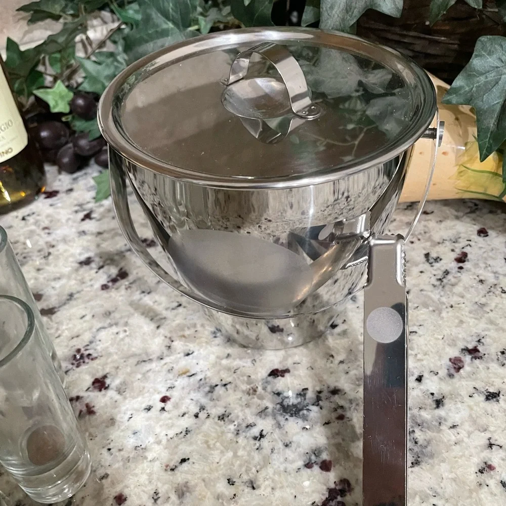 Oggi Elegant Stainless Steel Ice Bucket Set w Tongs and 4 highball glasses NEW